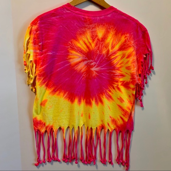 Neon Tie-Dye Fringe Bahamas Crop Top Size Medium Hot Pink and Neon Yellow - Picture 6 of 8